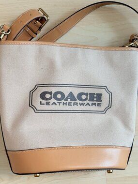 Coach Leatherware Canvas Bucket Bag Tan Leather Trim Crossbody Shoulder Bag